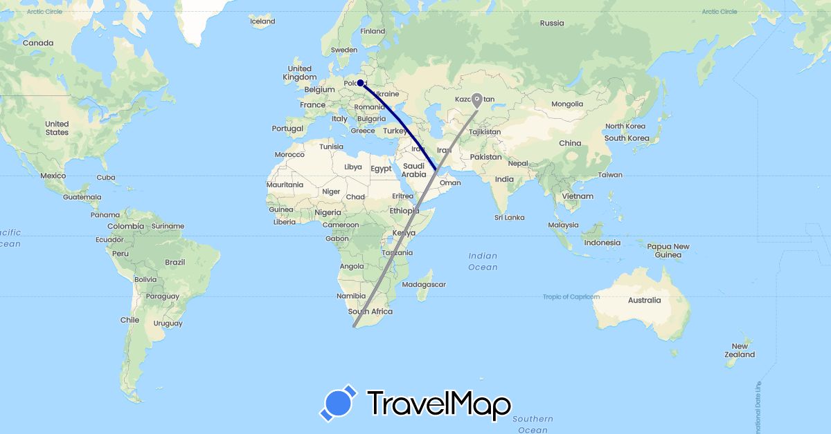 TravelMap itinerary: driving, plane in Kazakhstan, Poland, Qatar, South Africa (Africa, Asia, Europe)